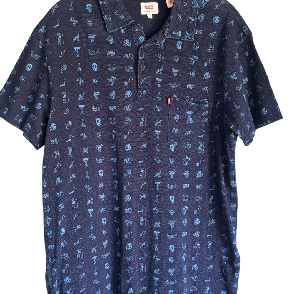 Levi’s Men’s Size M Cotton Polo Navy Blue Alien Print Graffiti Rare Print